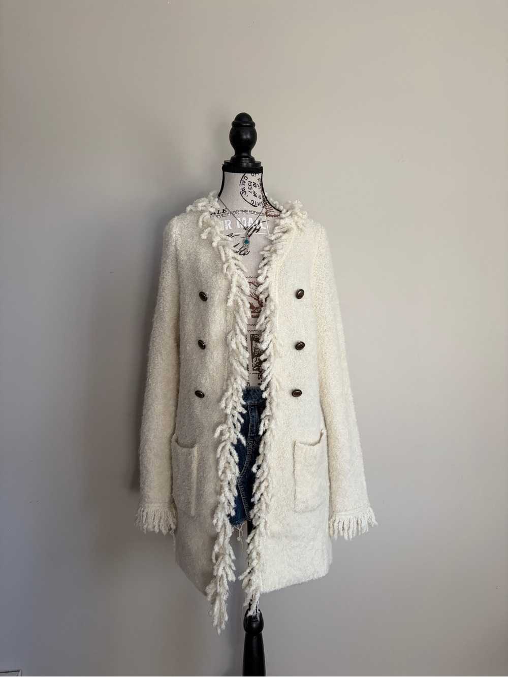 Y2K FDJ White Wool Blend Whimsy Shaggy Fringe Open Front Sweater Coatigan
